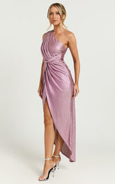 Davie Midi Dress - Metallic One Shoulder Front Wrap Dress in Soft Pink